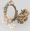 Conjunto antiguo broche colgante y pendientes en oro 14k con turquesas, perlas y rubíes