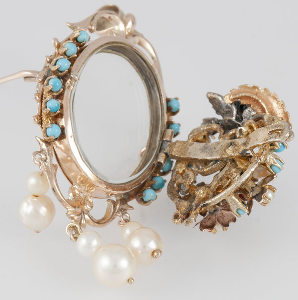 Conjunto antiguo broche colgante y pendientes en oro 14k con turquesas, perlas y rubíes