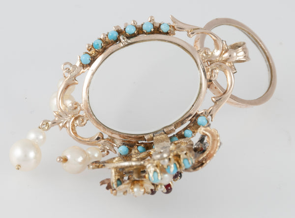 Conjunto antiguo broche colgante y pendientes en oro 14k con turquesas, perlas y rubíes