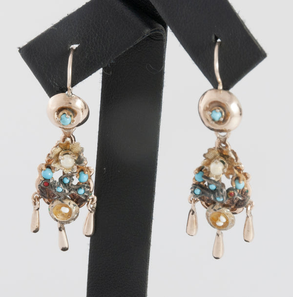 Conjunto antiguo broche colgante y pendientes en oro 14k con turquesas, perlas y rubíes