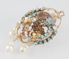 Conjunto antiguo broche colgante y pendientes en oro 14k con turquesas, perlas y rubíes