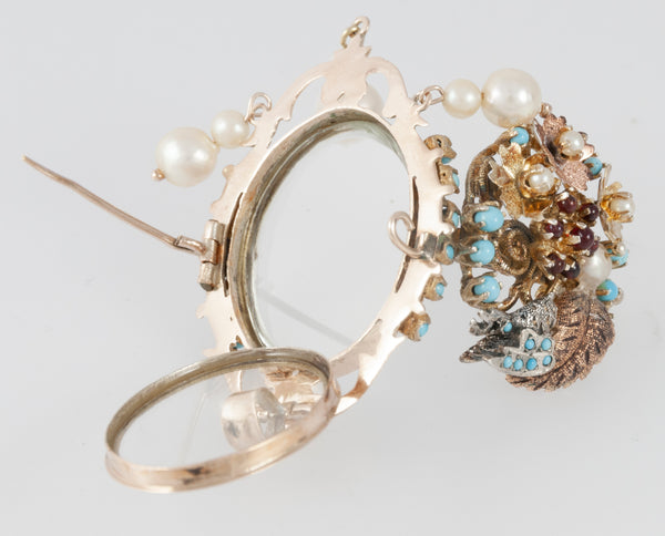 Conjunto antiguo broche colgante y pendientes en oro 14k con turquesas, perlas y rubíes