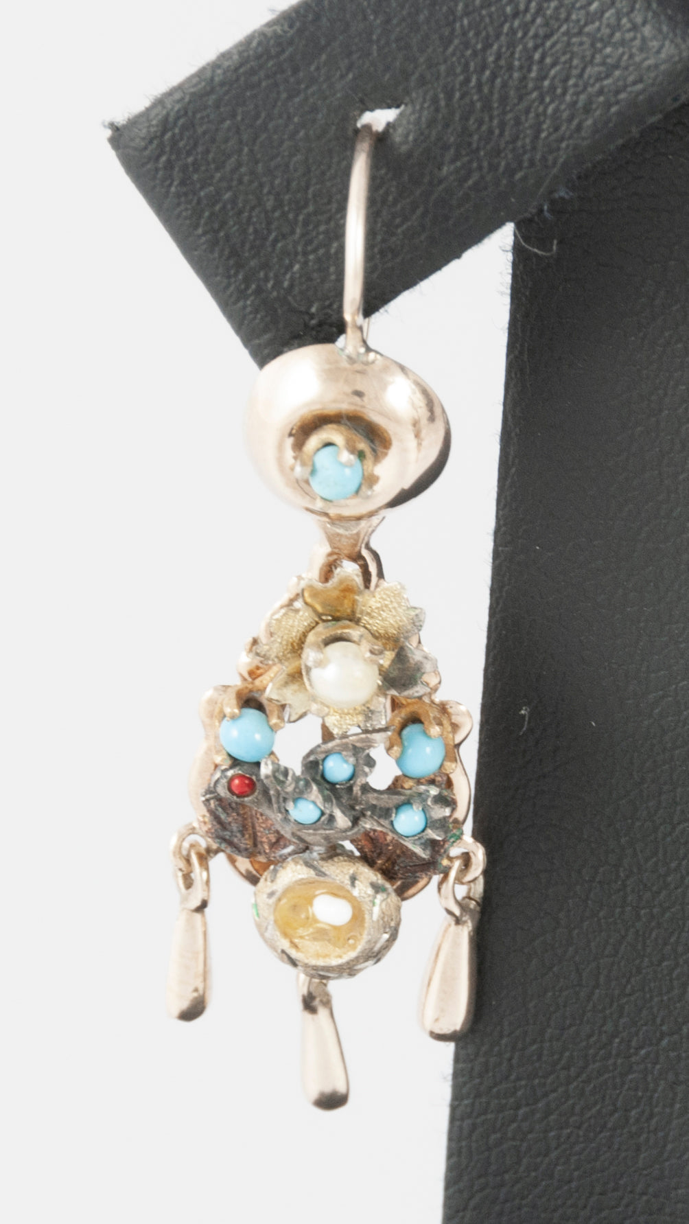 Conjunto antiguo broche colgante y pendientes en oro 14k con turquesas, perlas y rubíes