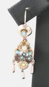 Conjunto antiguo broche colgante y pendientes en oro 14k con turquesas, perlas y rubíes