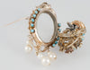 Conjunto antiguo broche colgante y pendientes en oro 14k con turquesas, perlas y rubíes