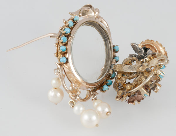 Conjunto antiguo broche colgante y pendientes en oro 14k con turquesas, perlas y rubíes