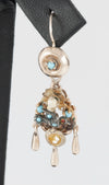 Conjunto antiguo broche colgante y pendientes en oro 14k con turquesas, perlas y rubíes