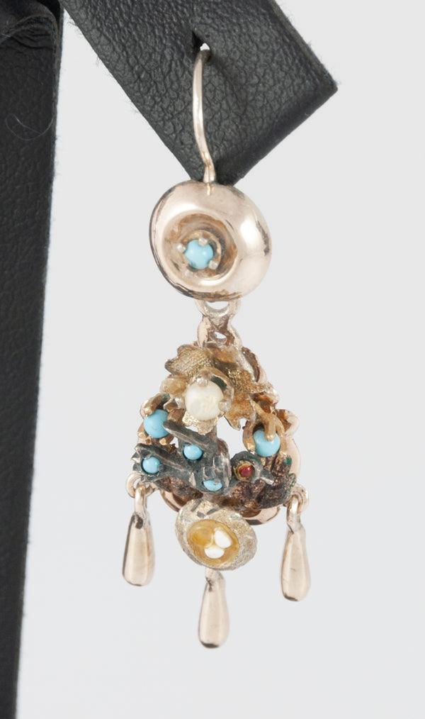 Conjunto antiguo broche colgante y pendientes en oro 14k con turquesas, perlas y rubíes