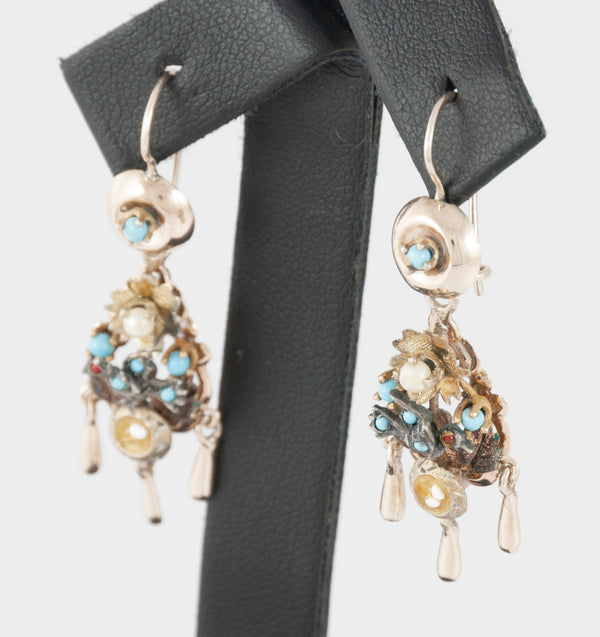 Conjunto antiguo broche colgante y pendientes en oro 14k con turquesas, perlas y rubíes