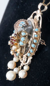 Conjunto antiguo broche colgante y pendientes en oro 14k con turquesas, perlas y rubíes
