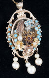Conjunto antiguo broche colgante y pendientes en oro 14k con turquesas, perlas y rubíes