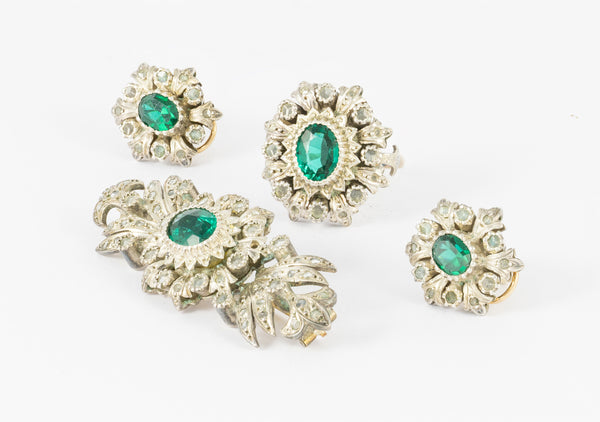 Conjunto broche pendientes y anillo en oro amarillo 18k y plata