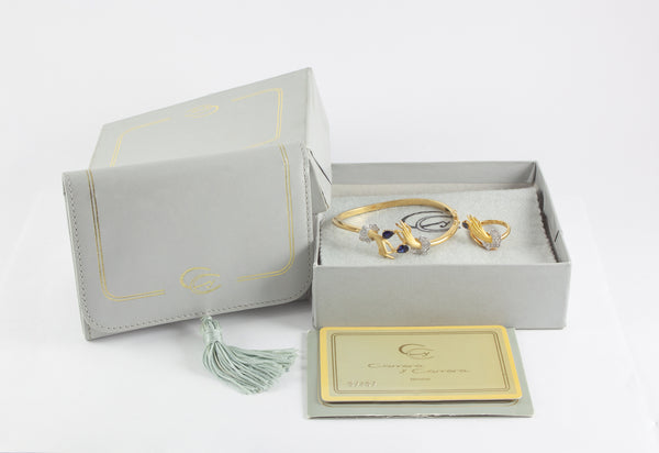 Conjunto Carrera y Carrera Pulsera y Anillo en oro amarillo y blanco 18k brillantes y zafiros