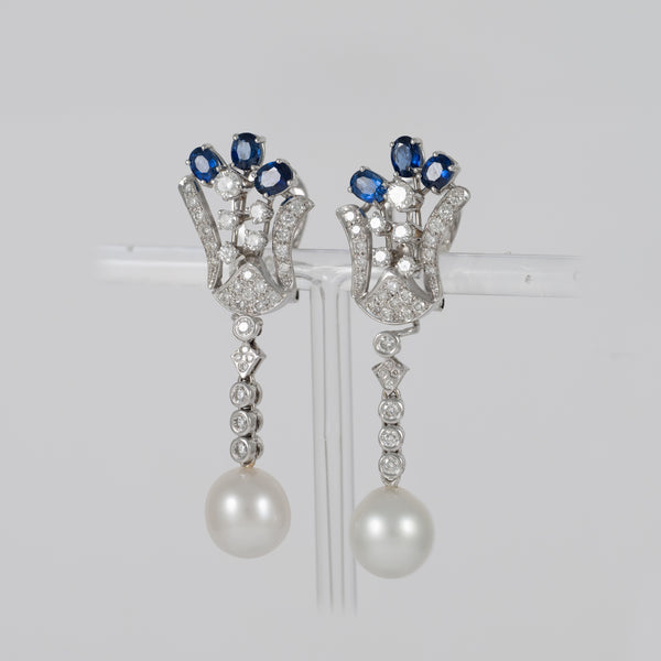 Pendientes personalizables en oro blanco 18k con zafiros, perlas y diamantes 2.09 ct