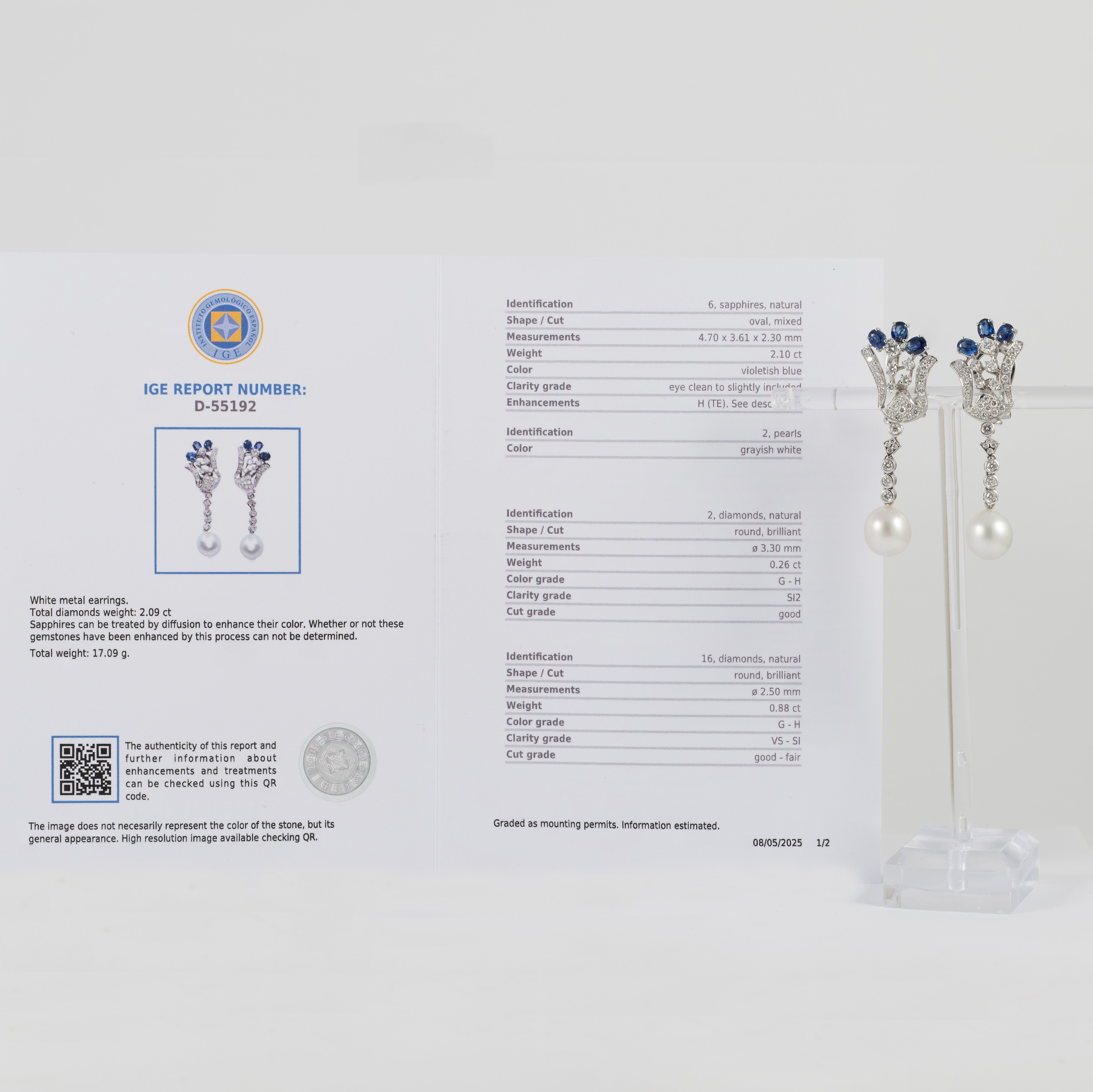 Pendientes personalizables en oro blanco 18k con zafiros, perlas y diamantes 2.09 ct
