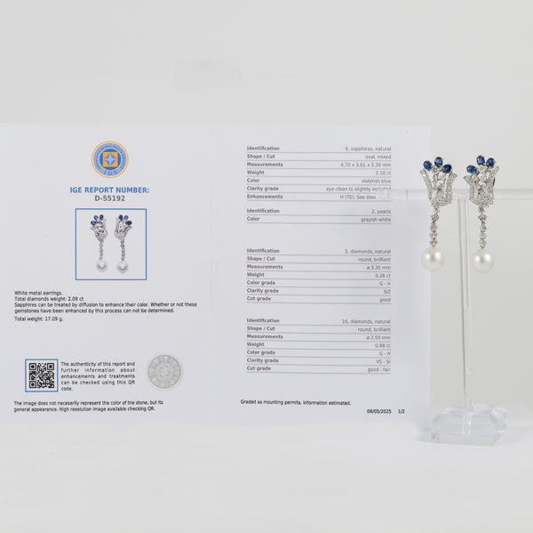 Pendientes personalizables en oro blanco 18k con zafiros, perlas y diamantes 2.09 ct