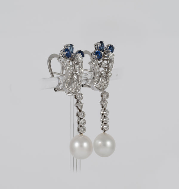 Pendientes personalizables en oro blanco 18k con zafiros, perlas y diamantes 2.09 ct