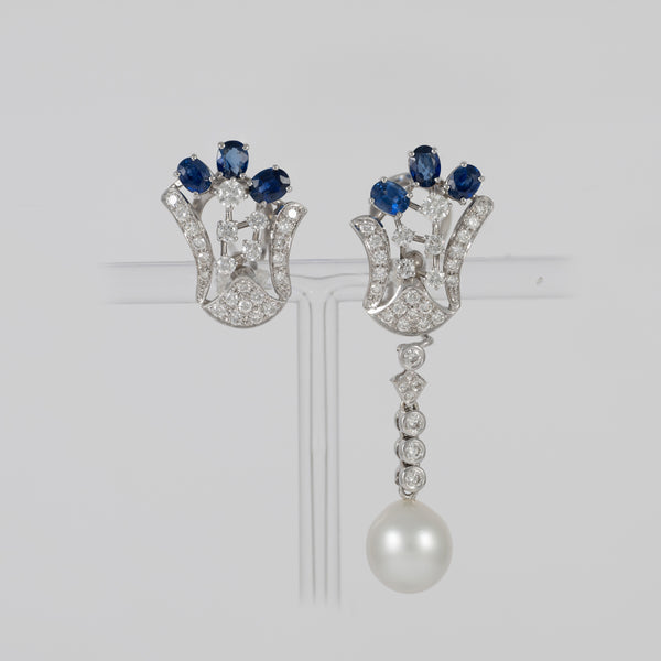 Pendientes personalizables en oro blanco 18k con zafiros, perlas y diamantes 2.09 ct