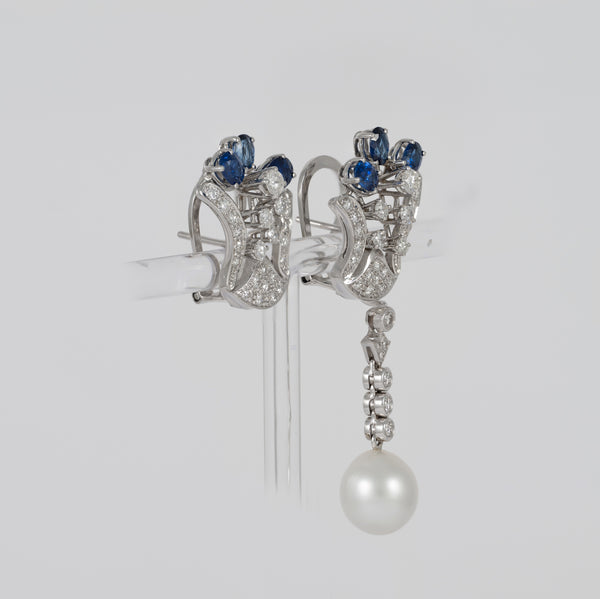 Pendientes personalizables en oro blanco 18k con zafiros, perlas y diamantes 2.09 ct