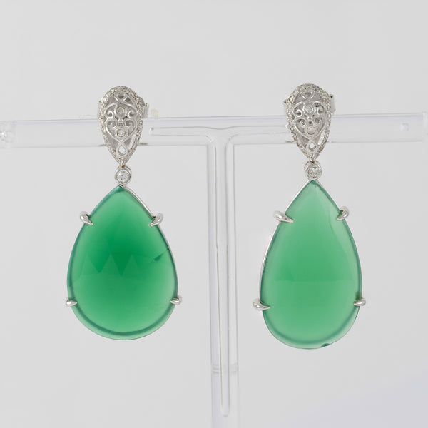 Pendientes en oro blanco 18k con diamantes y piedra verde