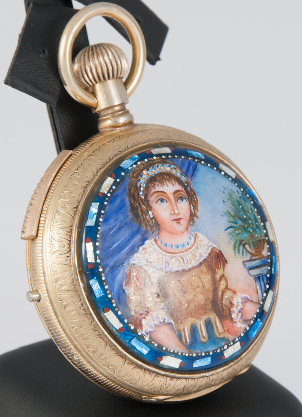 Unknown Pocket Watch Chimes Hour Quarter Minute Golden Metal and Enamel