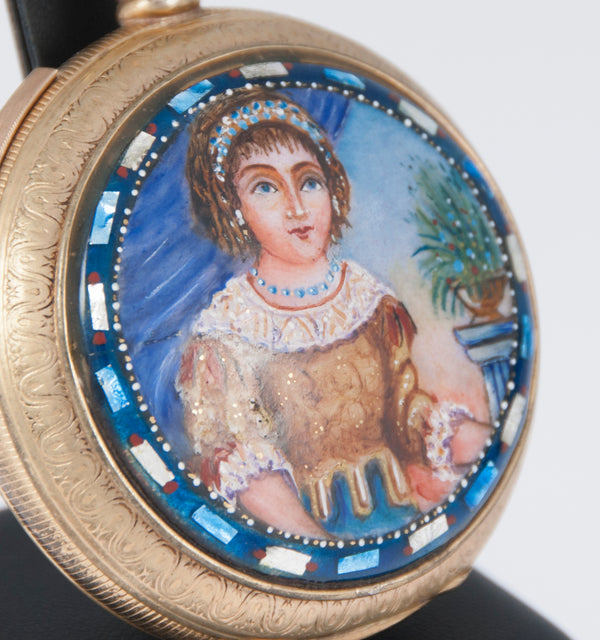 Unknown Pocket Watch Chimes Hour Quarter Minute Golden Metal and Enamel