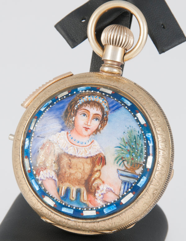 Unknown Pocket Watch Chimes Hour Quarter Minute Golden Metal and Enamel