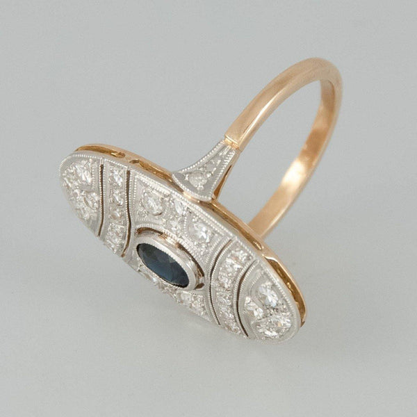 Anillo antiguo en oro 18k con zafiro y diamantes - Mayka Jewels