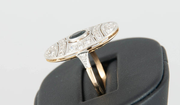 Anillo antiguo en oro 18k con zafiro y diamantes - Mayka Jewels
