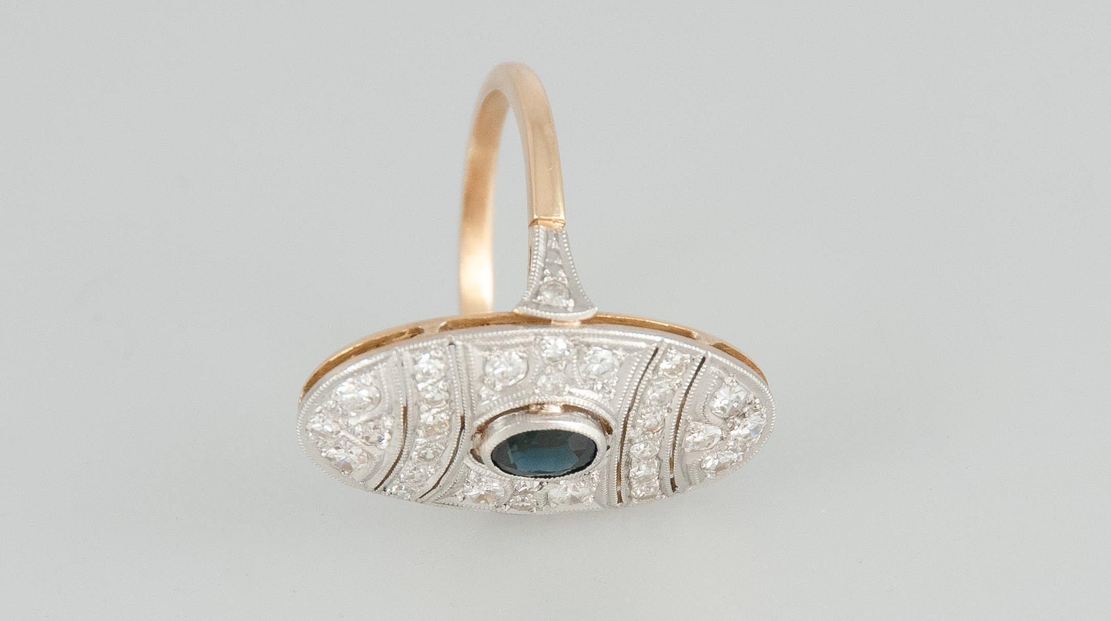 Anillo antiguo en oro 18k con zafiro y diamantes - Mayka Jewels