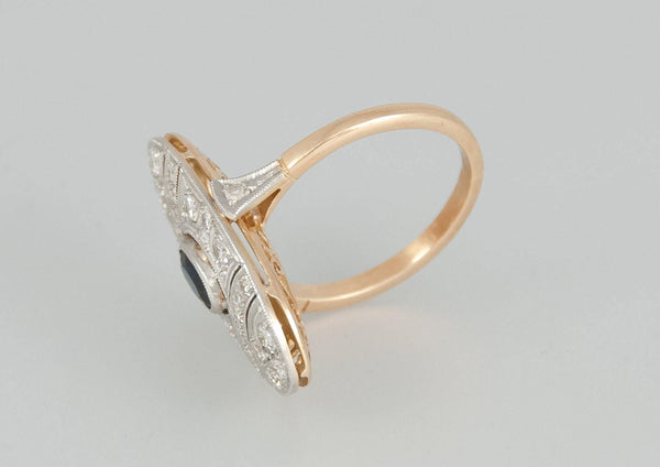 Anillo antiguo en oro 18k con zafiro y diamantes - Mayka Jewels