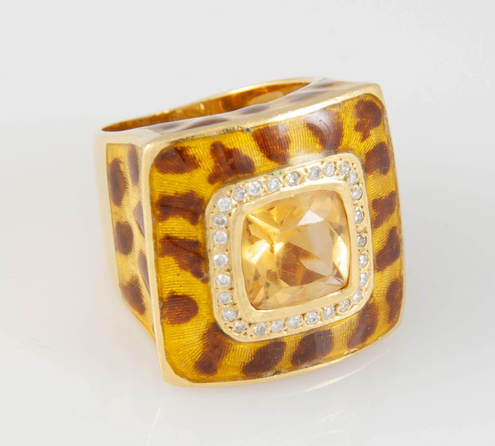 Anillo en oro 18k con citrino y brillantes esmaltado a mano - Mayka Jewels
