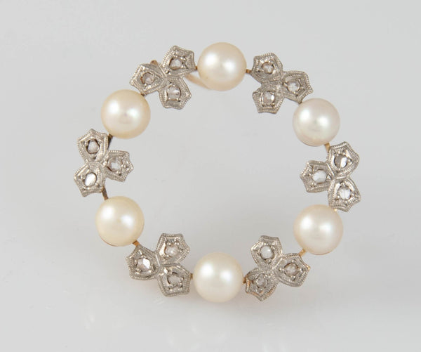 Broche antiguo en oro 18k con perlas naturales y diaman tes 0.40 quilates - Mayka Jewels