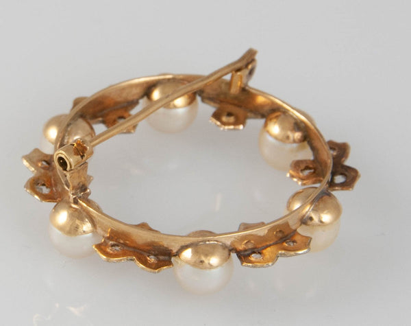 Broche antiguo en oro 18k con perlas naturales y diaman tes 0.40 quilates - Mayka Jewels