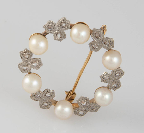 Broche antiguo en oro 18k con perlas naturales y diaman tes 0.40 quilates - Mayka Jewels