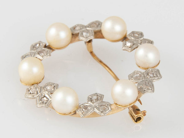 Broche antiguo en oro 18k con perlas naturales y diaman tes 0.40 quilates - Mayka Jewels