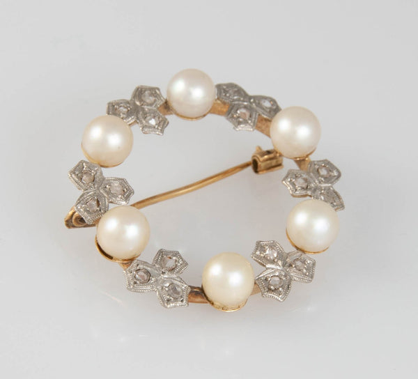 Broche antiguo en oro 18k con perlas naturales y diaman tes 0.40 quilates - Mayka Jewels