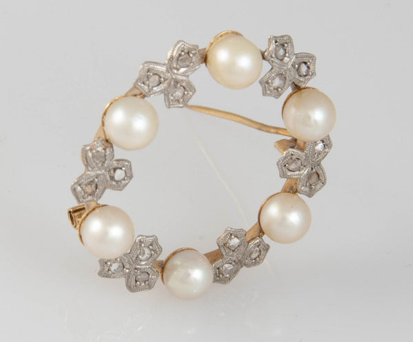 Broche antiguo en oro 18k con perlas naturales y diaman tes 0.40 quilates - Mayka Jewels
