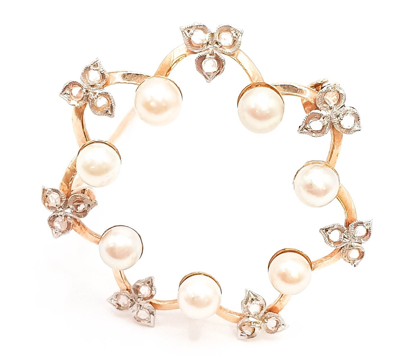 Broche antiguo en oro 18k con perlas y diamantes 0.21 quilates - Mayka Jewels