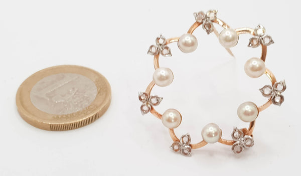 Broche antiguo en oro 18k con perlas y diamantes 0.21 quilates - Mayka Jewels