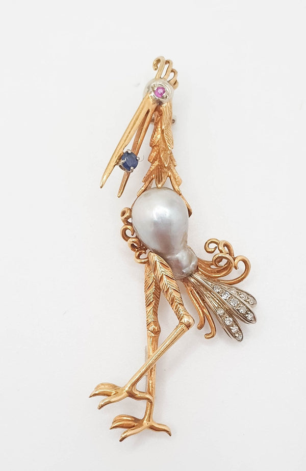 Broche antiguo hecho a mano en oro 18k con diamantes rubí y zafiro - Mayka Jewels
