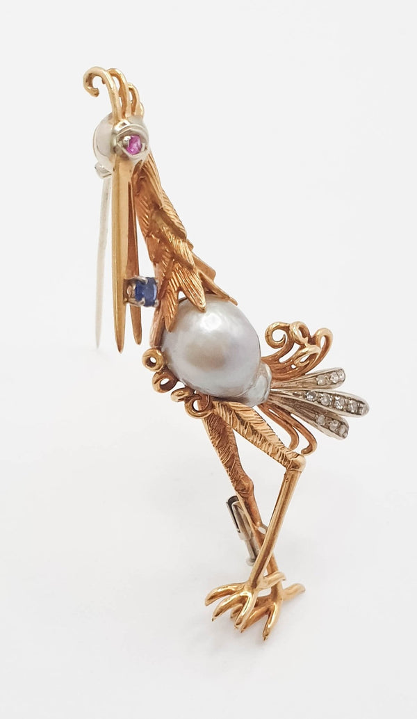 Broche antiguo hecho a mano en oro 18k con diamantes rubí y zafiro - Mayka Jewels