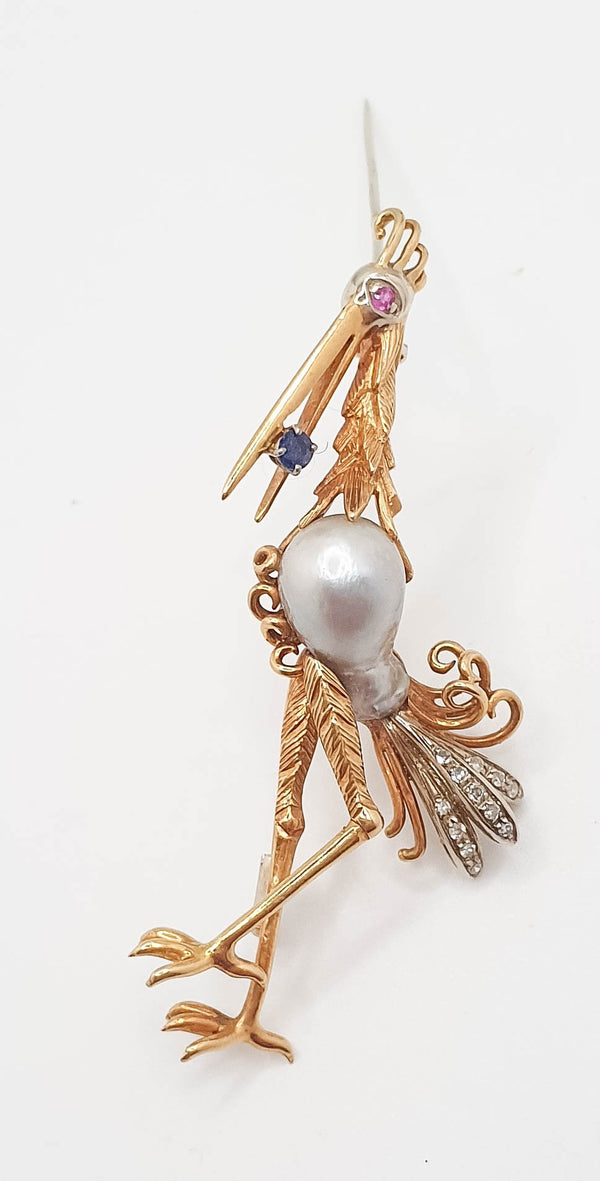 Broche antiguo hecho a mano en oro 18k con diamantes rubí y zafiro - Mayka Jewels