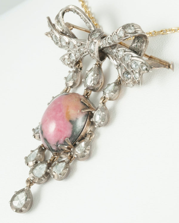 Broche pendentif antiguo en oro amarillo 18k y plata con brillantes y rodonita - Mayka Jewels