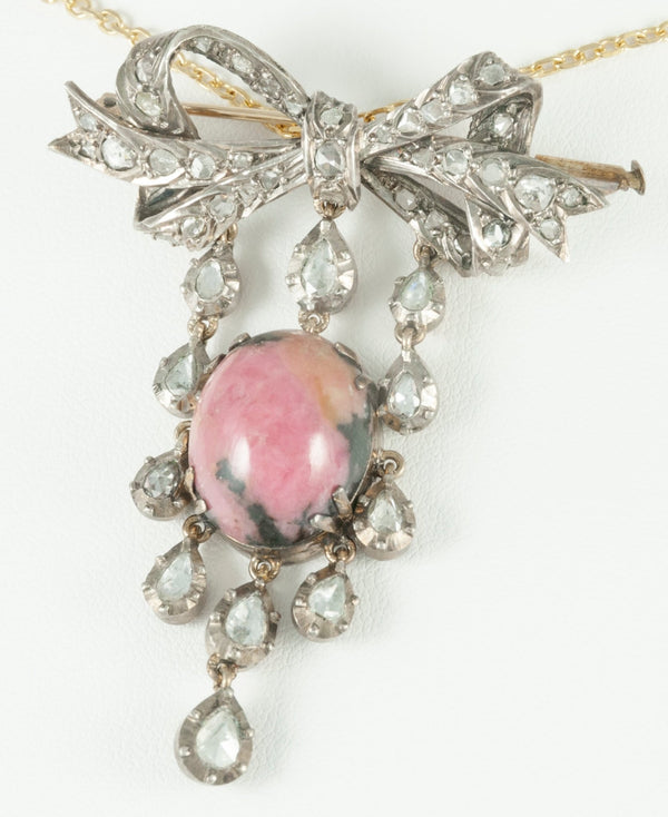 Broche pendentif antiguo en oro amarillo 18k y plata con brillantes y rodonita - Mayka Jewels