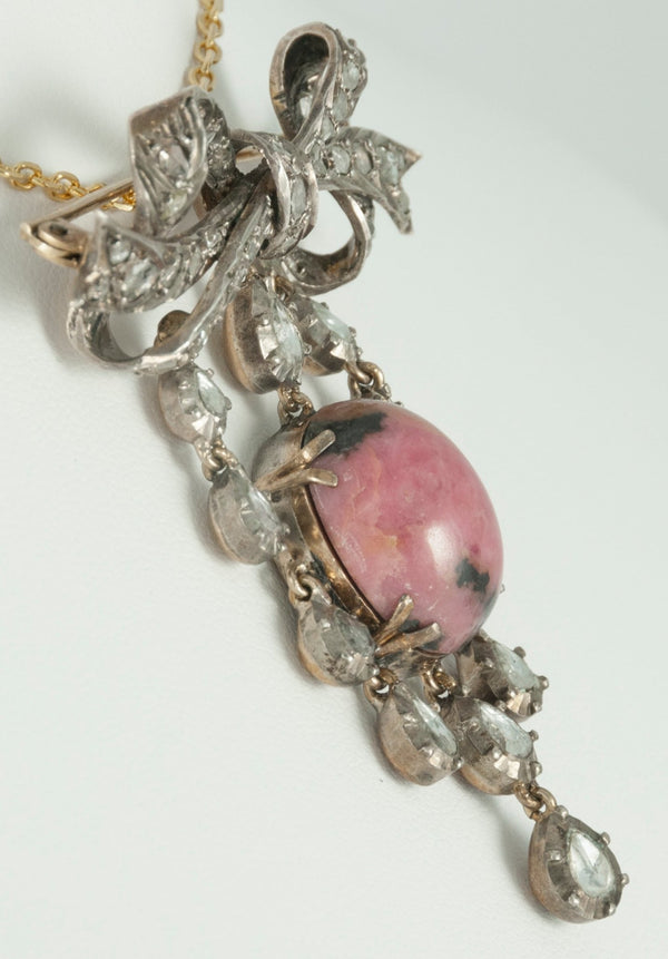 Broche pendentif antiguo en oro amarillo 18k y plata con brillantes y rodonita - Mayka Jewels