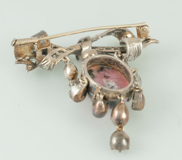 Broche pendentif antiguo en oro amarillo 18k y plata con brillantes y rodonita - Mayka Jewels