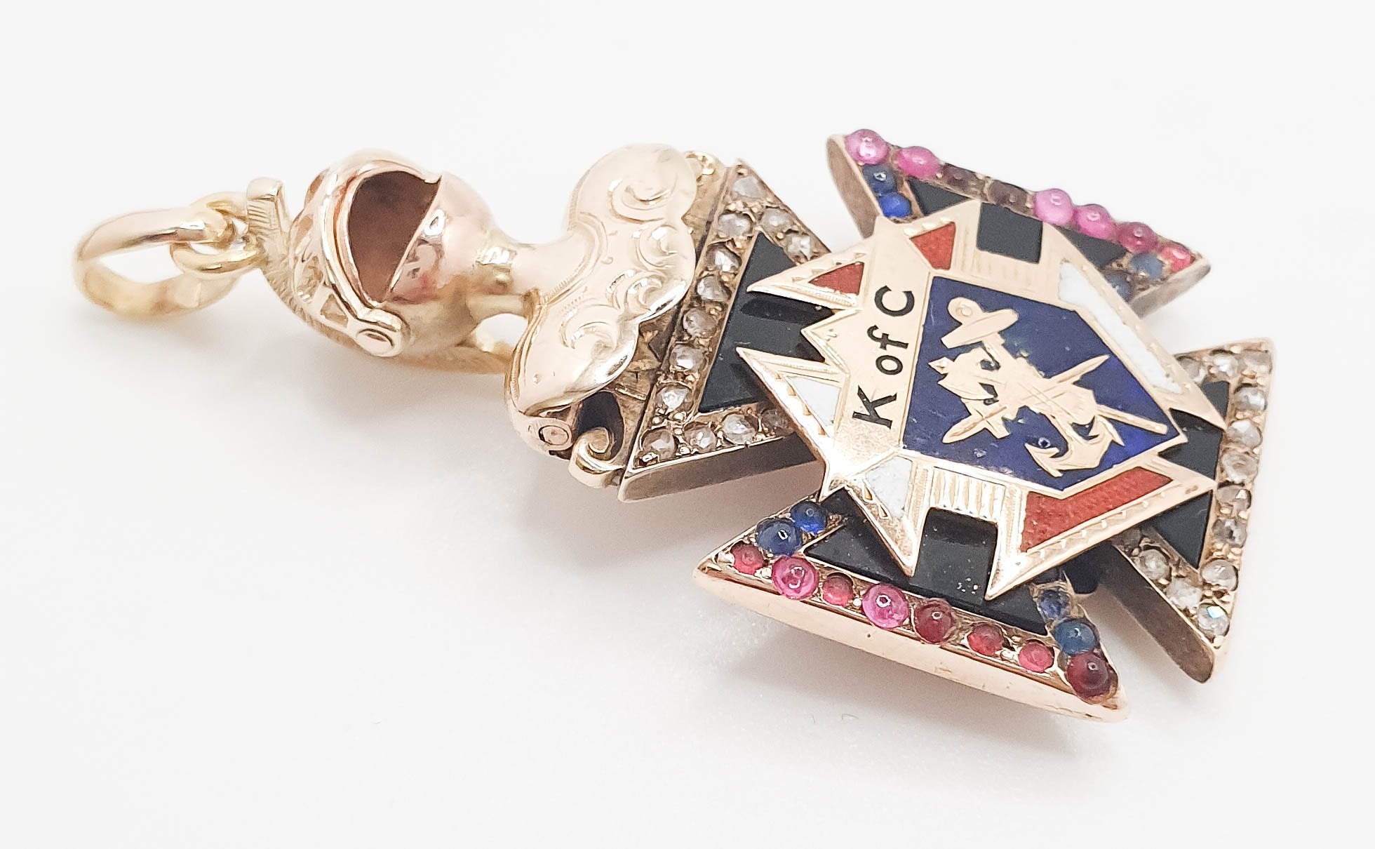 Colgante antiguo caballeros de Colón en oro 18k con rubíes diamantes y zafiros - Mayka Jewels