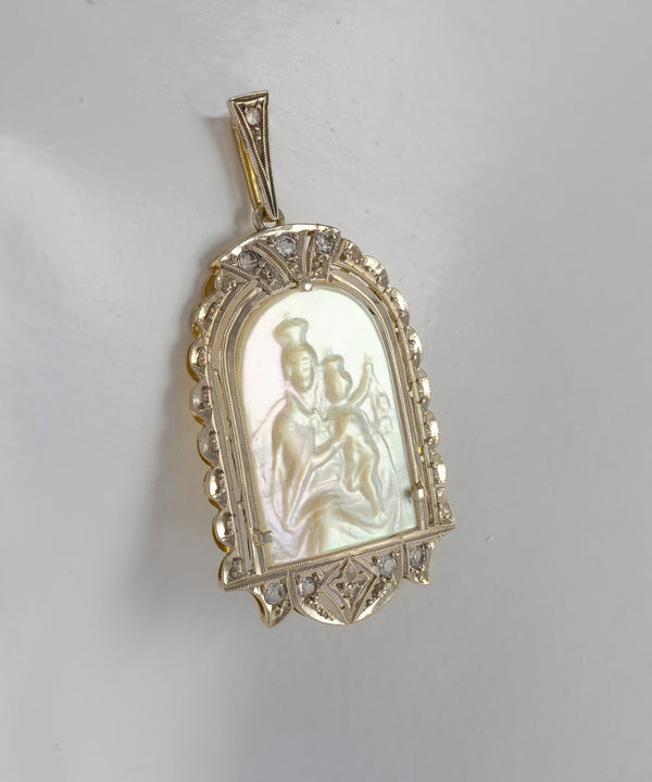 Colgante antiguo en oro amarillo 18k con nácar y zafiros blancos - Mayka Jewels