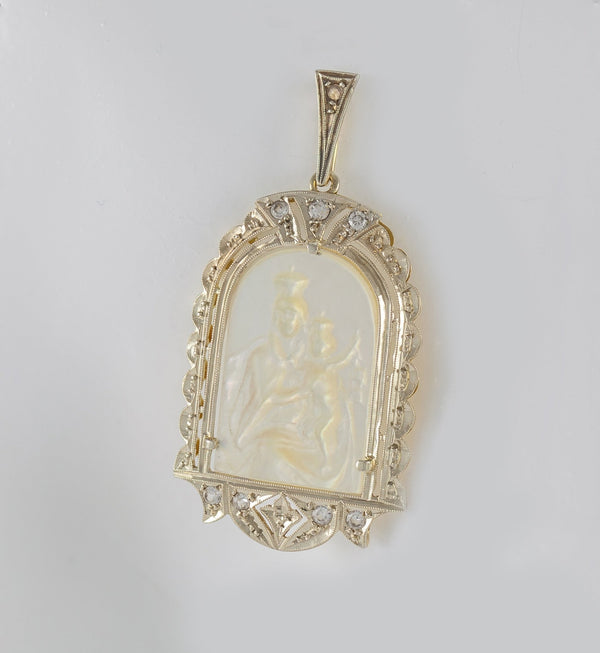 Colgante antiguo en oro amarillo 18k con nácar y zafiros blancos - Mayka Jewels